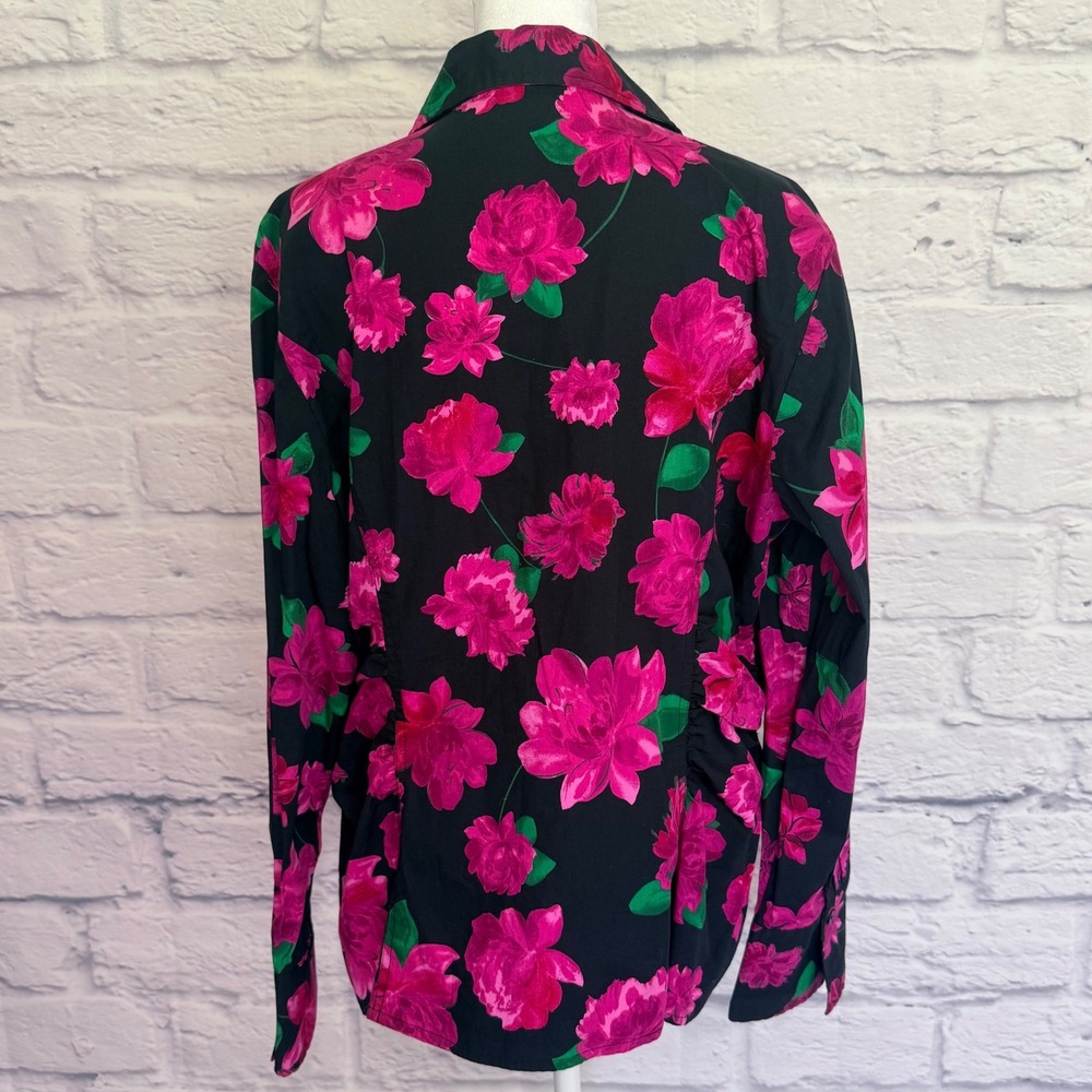 Ann Taylor Floral Blouse Womens 18 Black Pink Rose Print Ruched Side Button Down - Picture 6 of 9